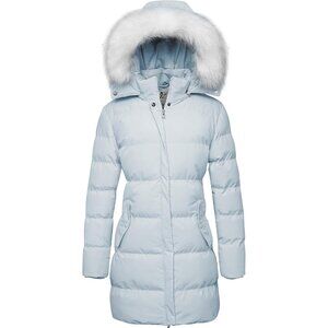 Women's Light Blue Winter Puffer Coat Warm Removable Hood Jacket